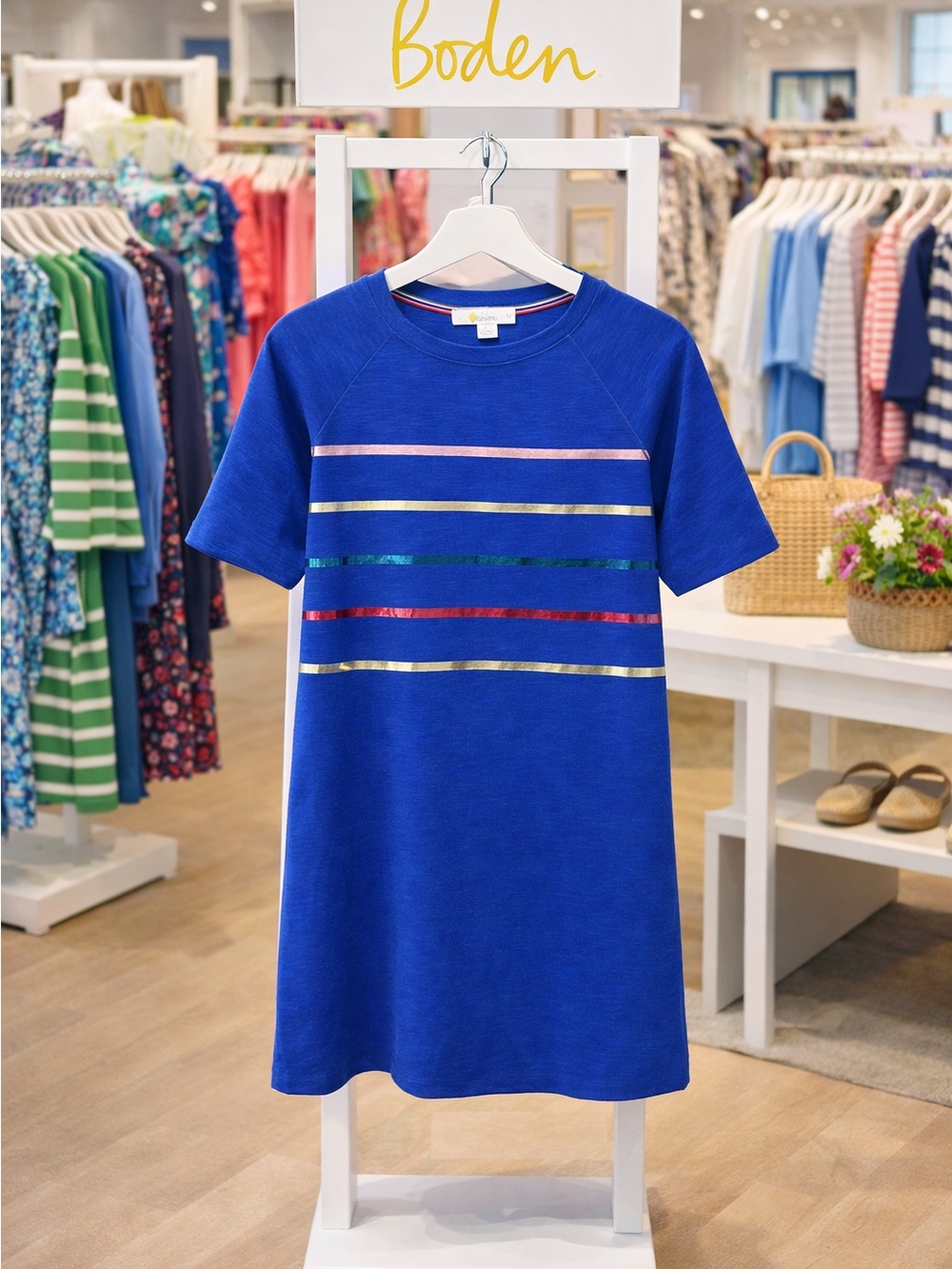 Boden Royal Blue Mini Dress with Metallic Stripe Detail
